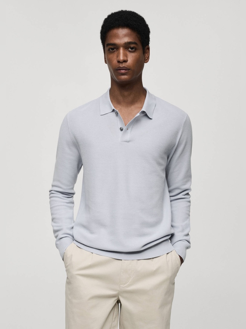 Mango KNITTED STRUCTURED POLO SWEATER in Sky Blue